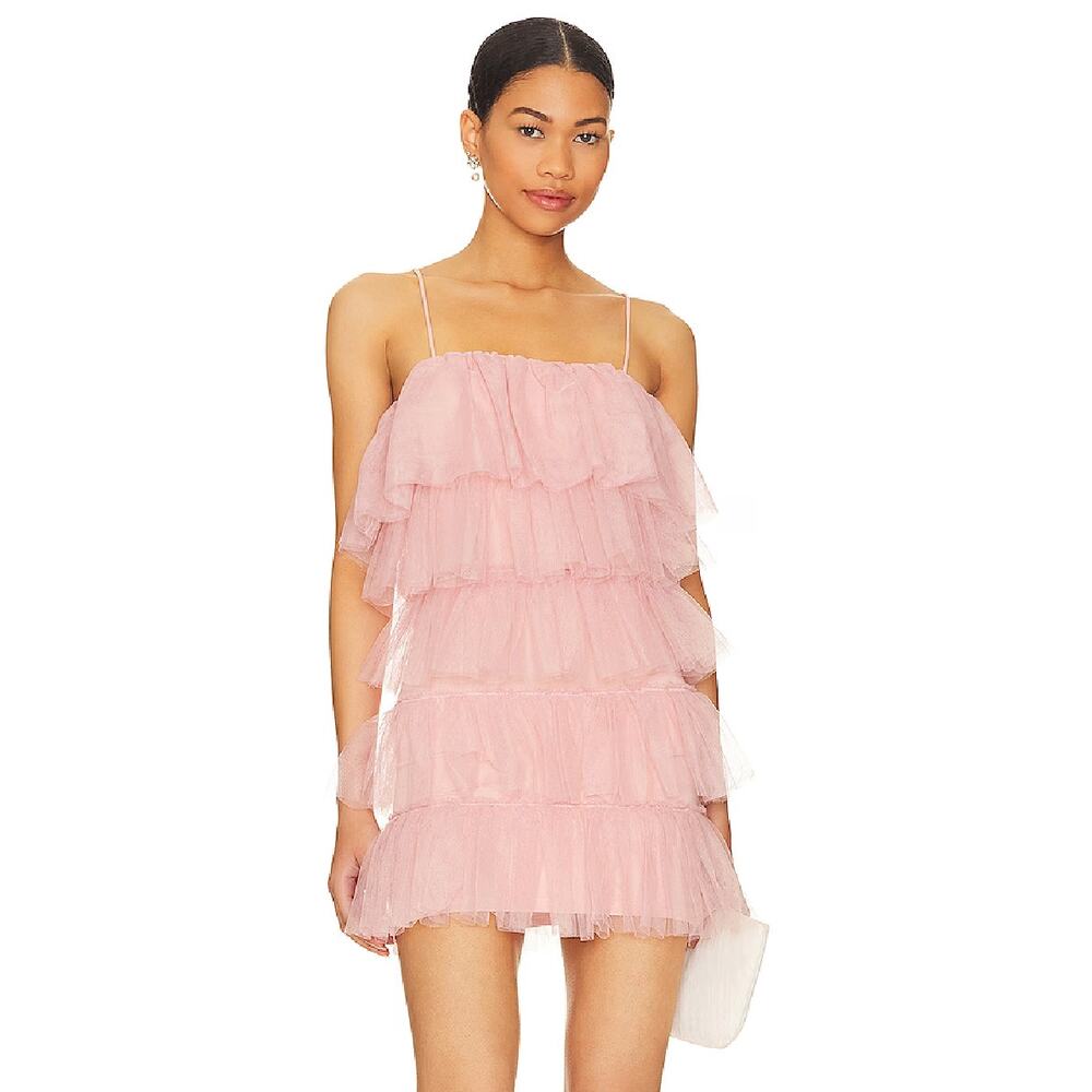 More to Come Millie Mini Dress Pink Tiered Tulle Ruffle Sleeveless Sz XS‎